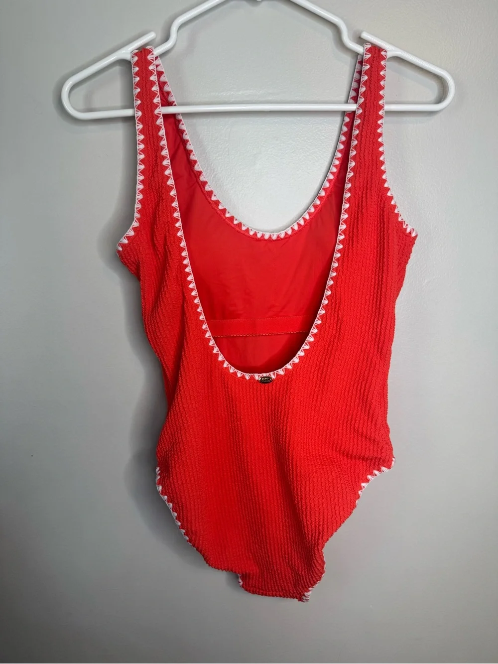Coral Textured One-Piece Swimsuit with White Trim - Picture 6 of 6